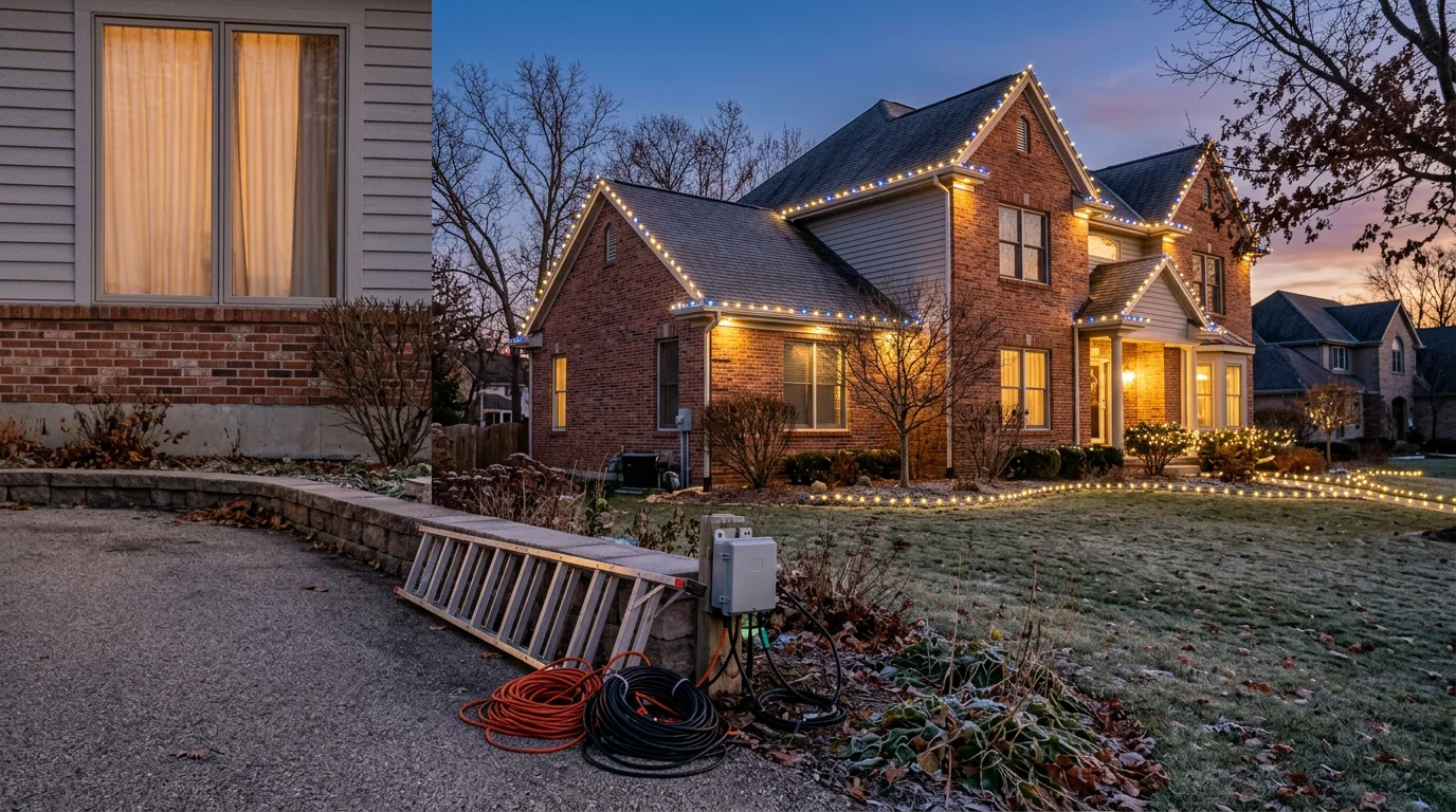 Professional holiday light installation on residential home exterior in Oconomowoc