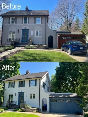 Before and after exterior house painting: gray to white two-story colonial home with new trim and shutters