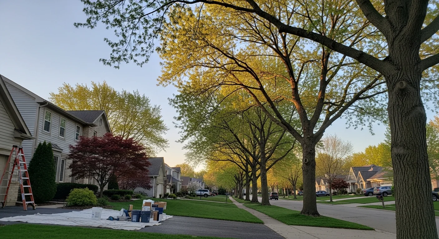 Wide view of suburban Waukesha County homes with mature trees and varied architectural styles typical of the region.
