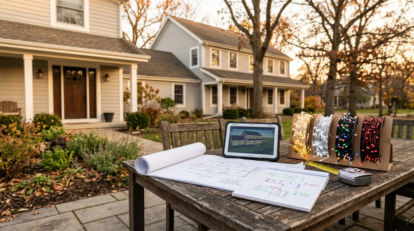 A Waukesha County home with a professionally designed holiday lighting display covering the roofline and front yard trees. The display reflects a custom layout planned for the property's specific architecture and landscaping.