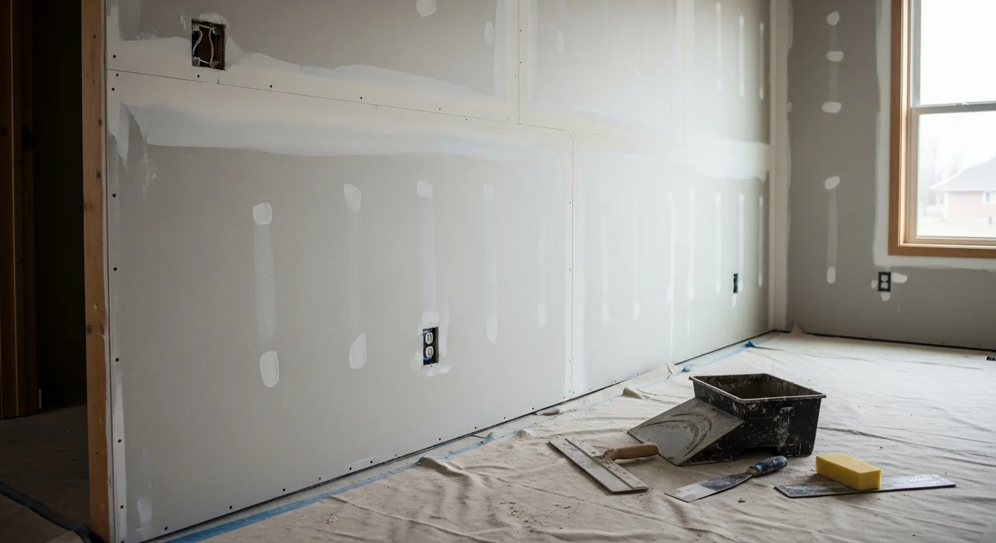A freshly finished drywall wall in a Waukesha County home interior, showing smooth, seam-free surfaces ready for paint. The room has even lighting that highlights the flat, blemish-free finish across both the walls and ceiling.