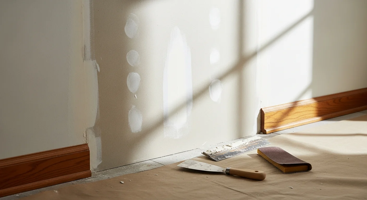 A smooth, freshly repaired interior wall in a Waukesha County home showing a seamless patch where a hole or crack has been filled, sanded, and textured. The surface is even and ready for paint with no visible seams or damage.