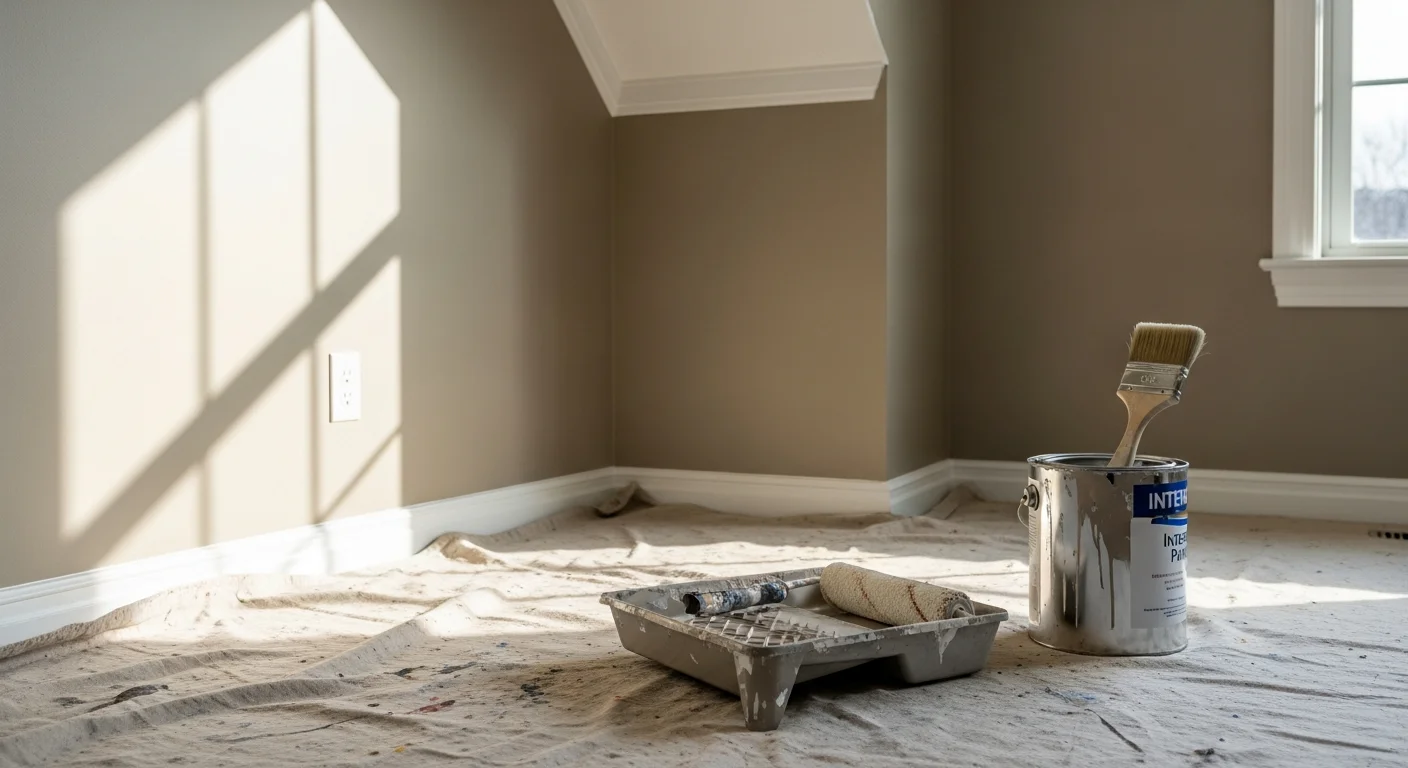 A freshly painted living room interior in a Waukesha County home, showing clean white trim, smooth walls in a neutral color, and painted ceiling with no visible brush marks or surface defects.