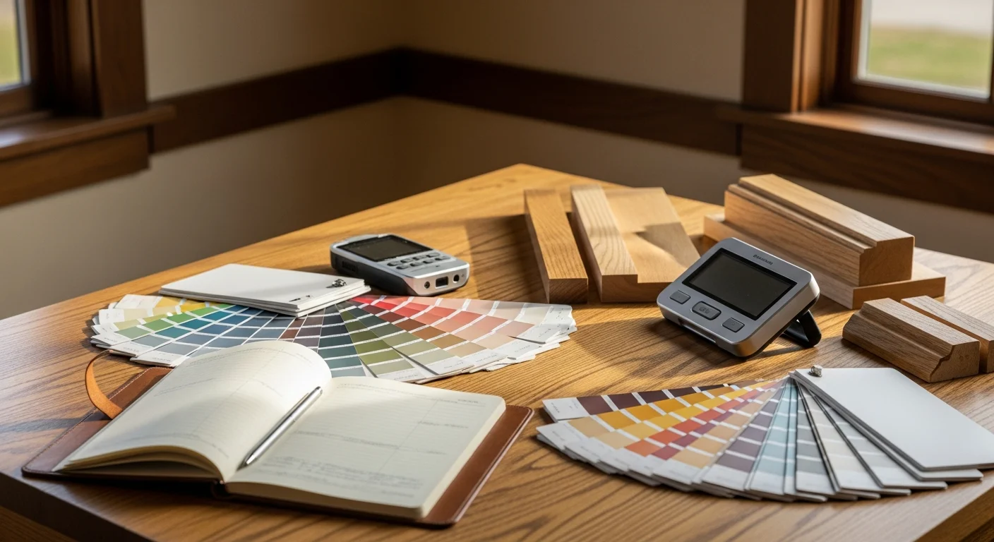 A Summit Professional Painting color consultant reviewing paint swatches against the trim and wall of a Craftsman-style home interior in Waukesha County. Natural light from a large window highlights the undertone differences between two neutral paint samples held side by side.