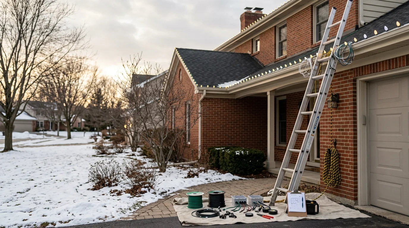 Professional holiday lights installed along the roofline and trees of a residential home in Waukesha County, Wisconsin. The display shows evenly spaced white lights covering the full roofline and wrapped tree branches on a winter evening.