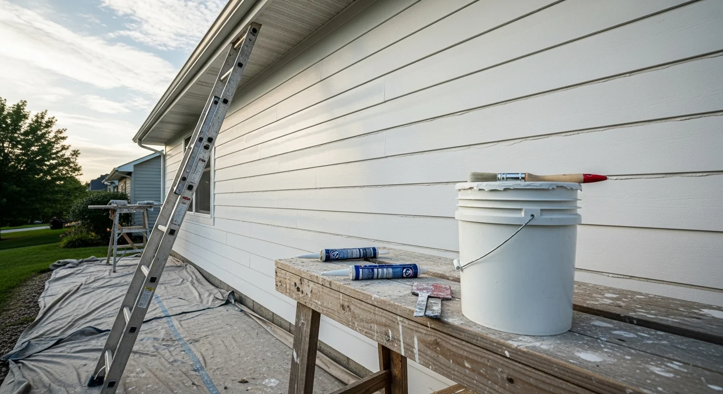 A freshly painted two-story home exterior in Waukesha County, Wisconsin, with clean white siding and dark-painted trim visible against a clear Midwestern sky. A painter on a ladder applies finish coat to the upper fascia board near the roofline.